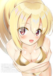 1girl :d alternate_costume arihara_nanami arms_under_breasts bare_arms bare_shoulders bikini blonde_hair blush breasts cleavage collarbone commentary_request cowboy_shot eyes_visible_through_hair foreshortening from_above gold_bikini hair_between_eyes happy highres kanade1631 large_breasts long_hair looking_at_viewer navel official_alternate_hairstyle open_mouth ponytail red_eyes riddle_joker sidelocks simple_background smile solo straight_hair swimsuit variant_set watermark white_background