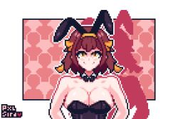 Rule 34 | 1girl, animal ears, artist request, breasts, brown hair, cleavage, fake animal ears, hair ribbon, large breasts, leotard, looking at viewer, pixel art, playboy bunny, rabbit ears, ribbon, short hair, smile, solo, suzumiya haruhi, suzumiya haruhi no yuuutsu, yellow eyes, yellow ribbon