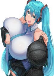 1girl absurdres black_bra blush bra breast_lift breasts facominn hatsune_miku highres holding holding_bra holding_underwear holding_unworn_clothes huge_breasts long_hair looking_at_viewer open_mouth presenting_bra smile solo standing twintails underwear unworn_bra vocaloid