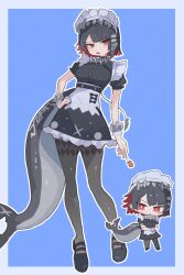 1girl black_dress black_hair black_pantyhose black_shoes candy chibi colored_inner_hair dress ellen_joe fins fish_tail food frilled_wristband full_body hairband highres holding holding_candy holding_food holding_lollipop lollipop maid maid_headdress metal_hairband mole mole_under_eye multicolored_hair pantyhose parted_lips razor_blade_hair_ornament red_eyes sanshoku_dango_(shukosuko) scar scar_on_tail shark_girl shark_tail shoes short_hair spiked_headband tail zenless_zone_zero