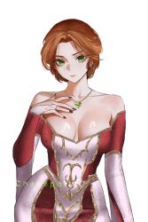 1girl artist_name bare_shoulders breasts bridal_gauntlets character_request chokopaii commission contrapposto copyright_request cowboy_shot dress gold_trim green_eyes hand_on_own_chest highres jewelry large_breasts looking_at_viewer necklace orange_hair parted_bangs pink_dress red_dress red_sleeves scoop_neck serious short_hair simple_background solo two-tone_dress white_background