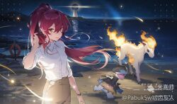 Rule 34 | 1girl, artist name, breasts, brown pants, collared shirt, deino (pokemon), dress shirt, floating hair, gen 1 pokemon, gen 5 pokemon, hair between eyes, hand up, highres, lighthouse, long hair, looking at viewer, mihuashi logo, nintendo, ocean, original, outdoors, pabuk5w, pants, parted lips, pokemon, pokemon (creature), ponyta, ponytail, red hair, shirt, shirt tucked in, sidelocks, small breasts, three-quarter sleeves, watch, watermark, white shirt, wristwatch, yellow eyes