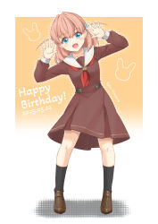 1girl :d absurdres arms_up black_socks blue_eyes blush brown_dress brown_shoes character_name collarbone commentary_request crossed_bangs dated dress full_body gradient_background hair_ornament halftone halftone_background happy_birthday hasu_no_sora_school_uniform highres hinoshita_kaho link!_like!_love_live! loafers long_sleeves love_live! matsurugi_tsukasa medium_dress medium_hair neckerchief open_hands open_mouth orange_hair pleated_dress rabbit rabbit_hair_ornament red_neckerchief sailor_collar sailor_dress school_uniform shoes smile socks solo two_side_up virtual_youtuber white_sailor_collar winter_uniform yellow_background