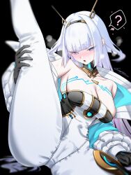 1girl bare_shoulders black_gloves blue_eyes blue_jacket blush bodysuit breasts cameltoe cleavage covered_navel eudie_(shadowverse) feet_out_of_frame gloves heart heart-shaped_pupils highres jacket leg_lift long_hair long_sleeves looking_at_viewer open_mouth sanzakasun shadowverse shadowverse:_worlds_beyond simple_background solo sweat symbol-shaped_pupils white_bodysuit white_hair