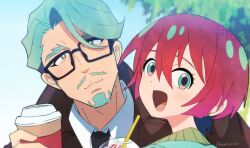 Rule 34 | 1boy, 1girl, :3, :d, amate yuzuriha, aqua eyes, artist name, beard, black-framed eyewear, black necktie, challia bull, collared shirt, commentary request, cup, disposable coffee cup, disposable cup, drinking straw, facial hair, glasses, green eyes, green hair, green pupils, gundam, gundam gquuuuuux, hair between eyes, head tilt, highres, holding, holding cup, momo kekoko, multicolored eyes, mustache, necktie, open mouth, pink eyes, red hair, shirt, short hair, smile, thick eyebrows, twitter username, two-tone eyes, upper body, watermark, white shirt, wing collar
