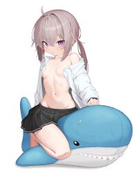 1girl absurdres arm_behind_back bare_legs black_skirt breasts brown_hair chun_bae clothes_pull commentary_request full_body girls&#039;_frontline groin hair_between_eyes highres ikea_shark long_hair looking_at_viewer m200_(girls&#039;_frontline) midriff miniskirt navel nipples no_bra no_panties off_shoulder open_clothes open_shirt pleated_skirt ponytail purple_eyes shirt shirt_pull single_bare_shoulder sitting sitting_on_object skirt skirt_pull small_breasts solo staring stomach straddling stuffed_animal stuffed_shark stuffed_toy white_shirt