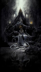 1boy aldrich_devourer_of_gods commentary covered_eyes dark_souls_(series) dark_souls_i dark_souls_iii dark_sun_gwyndolin dress english_commentary full_body gold_headwear gold_necklace grey_dress hashtag-only_commentary helmet helmet_over_eyes highres indoors jewelry male_focus necklace robe sitting slime_(creature) snake solo spiked_helmet spiked_necklace sun_symbol tworain_w white_robe
