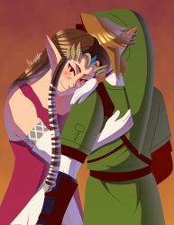 1boy 1girl artist_name blonde_hair blush brown_hair commentary english_commentary gloves green_hat green_shirt hat hetero highres hug link looking_at_viewer mottnapel nintendo pointy_ears pointy_hat princess_zelda shirt sidelocks skirt the_legend_of_zelda the_legend_of_zelda:_twilight_princess tiara white_gloves white_skirt