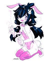 Rule 34 | 1girl, animal ears, blush, bow, bowtie, breasts, detached sleeves, dot nose, double v, ear blush, fake animal ears, hair ornament, hair over one eye, high heels, highres, kneeling, leotard, looking at viewer, low twintails, monochrome, mudou eichi, open mouth, original, pink eyes, pink theme, pink thighhighs, playboy bunny, rabbit hair ornament, signature, simple background, small breasts, solo, strapless, strapless leotard, sweat, thighhighs, trembling, twintails, v, wavy mouth, webp-to-png conversion, white background, wrist cuffs
