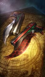 commentary fate/grand_order fate_(series) glint gun honeycomb_(pattern) kanshou_&amp;_bakuya_(fate) lasengle map no_humans official_art paper still_life third-party_source weapon weapon_focus weapon_request yin_yang