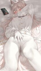 1girl absurdres akira_(blue_archive) animal_ear_fluff animal_ears banana_oekaki belt blue_archive blush cat_ears cellphone colored_eyelashes covered_erect_nipples earbuds earphones female_orgasm gloves halo heart heart-shaped_pupils highres long_hair lying on_back on_bed open_belt orgasm pants phone pussy_juice red_eyes shirt shirt_tucked_in smartphone solo symbol-shaped_pupils wet wet_clothes wet_pants white_belt white_gloves white_hair white_pants white_shirt white_theme