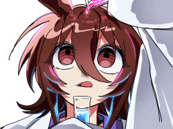 1girl absurdres agnes_tachyon_(umamusume) animal_ears arm_up brown_hair hair_between_eyes highres holding holding_test_tube horse_ears horse_girl lab_coat long_sleeves looking_at_object red_eyes simple_background solo test_tube tongue tongue_out uma2_0429 umamusume white_background wolf_cut