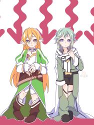Rule 34 | 2girls, aged down, aqua hair, arrow (symbol), artist logo, artist name, black shorts, blonde hair, blue eyes, boots, brown boots, brown corset, choker, closed mouth, commentary request, corset, dress, flat chest, full body, green dress, green eyes, green jacket, green pants, hair between eyes, hair ornament, hairclip, hand up, hands up, highres, jacket, leafa (sao), leotard, light frown, light smile, logo, long hair, long sleeves, looking at viewer, looking down, medium hair, multicolored jacket, multiple girls, neosight, open clothes, open jacket, outline, oversized clothes, pants, pointy ears, red background, scarf, shirt, shorts, signature, sinon, sword art online, twitter username, two-tone background, two-tone jacket, white background, white choker, white jacket, white leotard, white outline, white scarf, white shirt, white shorts