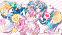 1girl absurdres blonde_hair blue_hair buttons collared_dress colored_inner_hair commentary_request dress flat_chest hands_up hat hatsune_miku hatsune_miku_logic_paint_s heart heart-shaped_pupils highres holding holding_syringe layered_dress leaning_forward leg_up multicolored_hair nurse nurse_cap official_alternate_costume official_art one_eye_closed pill pink_background pink_dress pink_hair pink_hat pink_pupils pink_wrist_cuffs puffy_short_sleeves puffy_sleeves shirayuki_towa short_sleeves smile smiley_face solo standing standing_on_one_leg symbol-shaped_pupils syringe thighhighs twintails vocaloid white_background white_thighhighs wing_collar wrist_cuffs
