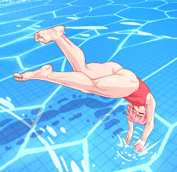1girl absurdres ass breasts diving highres large_breasts markustercero one-piece_swimsuit pink_hair pool poolside short_hair splashing standing swimsuit water
