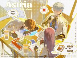 1girl 22nian22 2boys black_gloves blue_eyes book brown_hair crying cup faceless faceless_male gloves holding holding_book holding_cup holding_pen jacket jeremiah_(love_and_deepspace) long_hair love_and_deepspace multiple_boys official_alternate_costume pen protagonist_(love_and_deepspace) short_hair sitting sitting_on_table speech_bubble spoken_object thought_bubble white_hair white_jacket xavier_(love_and_deepspace)