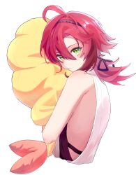 1boy ahoge artist_name bare_shoulders bishounen blush closed_mouth commentary_request from_side genshin_impact green_eyes hair_between_eyes hair_ribbon hairband highres holding holding_stuffed_toy hug looking_at_viewer male_focus medium_hair mole mole_under_each_eye mole_under_eye multiple_moles pink_hair purple_hairband purple_ribbon ribbon sen_gnsn1029 shikanoin_heizou shirt simple_background sleeveless sleeveless_shirt solo stuffed_shrimp stuffed_toy upper_body watermark white_background white_shirt