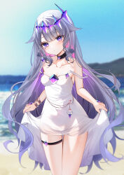 1girl absurdres bare_shoulders beach black_choker blue_sky breasts chest_jewel choker closed_mouth clothes_lift collarbone colored_inner_hair commentary covered_navel day dress dress_lift grey_hair highres hololive hololive_english jewel_under_eye koseki_bijou koseki_bijou_(1st_costume) lifting_own_clothes loli long_hair medium_breasts multicolored_hair ocean outdoors pink_hair purple_eyes purple_hair sky solo standing thighs very_long_hair virtual_youtuber white_dress yukineko1018