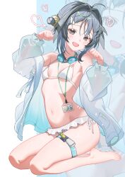 1girl :d absurdres arknights bikini black_eyes black_hair blush breasts chinese_commentary commentary frilled_bikini frills full_body goggles goggles_around_neck grey_jacket hair_ornament hairclip heart highres jacket kampswe_galong la_pluma_(arknights) la_pluma_(summer_flowers)_(arknights) long_sleeves looking_at_viewer navel off_shoulder official_alternate_costume open_mouth paw_pose seiza short_hair sitting small_breasts smile solo swim_goggles swimsuit white_bikini zoom_layer