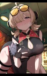 1girl absurdres black_dress blonde_hair blush china_dress chinese_clothes dress eyewear_on_head fengqun hair_over_one_eye highres in_heat pelvic_curtain purple_eyes solo sunglasses sweat sweety_(zenless_zone_zero) tinted_eyewear yellow-tinted_eyewear zenless_zone_zero