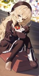1girl absurdres barefoot black_coat black_gloves black_hat black_pantyhose black_sailor_collar black_serafuku blonde_hair blue_archive bow bowtie coat commentary_request feet fluffy_hair gloves green_eyes hair_intakes halo hat highres holding_shoe long_hair looking_at_viewer open_clothes open_coat open_mouth pantyhose professor_niyaniya_(blue_archive) red_bow red_bowtie sailor_collar school_uniform serafuku shoes single_shoe sitting smile solo songchuan_li stirrup_legwear toeless_legwear toenails toes unworn_shoes yellow_halo