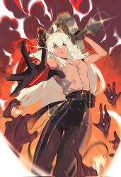 1girl bare_shoulders black_gloves black_pants breasts commentary corrupted_twitter_file english_commentary gloves high-waist_pants highres holding holding_sword holding_weapon incoming_attack large_breasts mole mole_on_breast pants scar shirt solo sword weapon white_shirt wuthering_waves yukee041230 zani_(wuthering_waves)