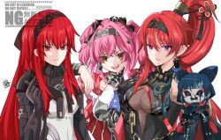 3girls black_bodysuit black_hairband bodysuit breasts circle_facial_mark closed_mouth commentary_request company_connection gladiusms3 hair_ornament hair_stick hairband large_breasts long_hair look-alike looking_at_viewer lupa_(wuthering_waves) mark_under_both_eyes mechanical_arms metal_hairband mole mole_under_eye multiple_girls pink_hair pointy_ears punishing:_gray_raven red_eyes red_hair smile teeth upper_body upper_teeth_only vera:_rozen_(pgr) vera_(pgr) very_long_hair wuthering_waves yellow_eyes yinlin_(wuthering_waves) zapstring_(wuthering_waves)