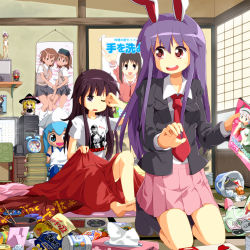 00s 2girls alarm_clock alternate_costume animal_ears azumanga_daiou barefoot black_hair black_socks blanket blazer blonde_hair blue_hair bowl brown_hair character_doll chopsticks clannad clock computer female_focus figure food front_mission front_mission_2 fujibayashi_kyou furukawa_nagisa grey_eyes hanging_scroll hat hirasawa_yui hokuto_no_ken houraisan_kaguya ikamusume indoors jacket jagi k-on! kasuga_ayumu computer_keyboard kirisame_marisa kneehighs kneeling konpaku_youmu long_hair meandros messy messy_hair messy_room miniskirt mirror misaka_imouto misaka_mikoto multiple_girls nagato_yuki necktie neet open_mouth otaku_room pantyhose pink_skirt pizza_hut pleated_skirt poster_(object) purple_hair rabbit_ears red_eyes red_necktie reisen_udongein_inaba round_teeth rubbing_eyes ruu_(tksymkw) sakagami_tomoyo school_uniform scroll serafuku shinryaku!_ikamusume shirt siblings sisters sitting skirt snack socks suzumiya_haruhi_no_yuuutsu sweat sweatdrop tatami teeth tissue tissue_box toaru_majutsu_no_index touhou trash_can waking_up witch witch_hat
