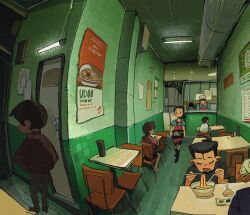 1girl 2others 6+boys apron black_hair black_shirt blue_shirt bowl brown_hair ceiling_light chair chef chef_hat chopsticks closed_eyes door eating fluorescent_lamp food hat highres holding holding_chopsticks holding_tray indoors long_sleeves multiple_boys multiple_others nani_(artofnani) noodles open_mouth original poster_(object) red_apron restaurant shirt short_hair short_sleeves sitting standing table tray udon ventilation_shaft waiter walking white_hat