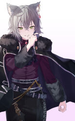 Rule 34 | 1girl, absurdres, animal ears, ascot, belt, biting, biting own thumb, black ascot, black belt, black shirt, chain, commentary, cowlick, dot nose, fingernails, fur-trimmed jacket, fur trim, gem, gold chain, green eyes, grey hair, highres, hinomori shiho, jacket, jewelry, kemonomimi mode, leo/need (project sekai), long fingernails, long sleeves, looking at viewer, official alternate costume, official alternate hairstyle, project sekai, red gemstone, ring, shirt, short hair, simple background, smile, solo, timmoo, white background, wolf ears, wolf girl, zekkyou!? ookami no mori e youkoso! (project sekai)