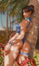 1girl 3d alternate_costume ass blurry blurry_background brown_eyes brown_hair capcom chun-li curvy double_bun from_behind hair_bun highleg highleg_one-piece_swimsuit highres huge_ass looking_at_viewer looking_back official_alternate_costume one-piece_swimsuit outdoors palm_tree parted_lips ria_(baka-neearts) smile solo street_fighter swimsuit thong_one-piece_swimsuit tree wide_hips