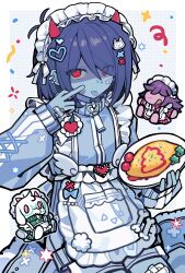 Rule 34 | 1other, absurdres, alternate costume, antenna hair, apron, bandaid, bandaid on cheek, bandaid on face, bandaid on hand, blue jacket, blue shoes, blue skin, blue theme, blue tongue, bob cut, bone, border, bow, broccoli, character doll, chinese commentary, colored skin, colored tongue, commentary request, confetti, cross-laced clothes, cross-laced sleeves, crossed bandaids, deltarune, demon horns, doll, double vertical stripe, ear piercing, egg (food), enmaided, eyes visible through hair, food, frilled apron, frills, from above, gauze, gauze on thigh, hair between eyes, hair ornament, hair over one eye, hand up, headdress, heart, heart hair ornament, highres, holding, holding plate, horns, jacket, jersey maid, knees out of frame, kris (dark world) (deltarune), kris (deltarune), long sleeves, maid, maid apron, maid headdress, middle finger, omelet, other focus, outline, outside border, piercing, plate, polka dot, polka dot background, pom pom (clothes), puffy long sleeves, puffy sleeves, ralsei, red eyes, red horns, shio 0585, shoes, shorts, sitting, sleeves past wrists, solo, star (symbol), susie (dark world) (deltarune), susie (deltarune), swept bangs, tongue, tongue out, track jacket, turtleneck, turtleneck jacket, unconventional maid, utdr (toby fox), waist apron, wariza, white apron, white border, white bow, white headdress, white outline, white shorts, x hair ornament, zipper