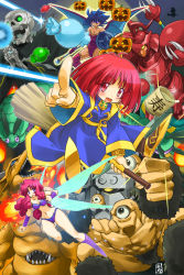 artist_name bikini blue_cloak blue_eyes blue_hair bob_cut bracelet breasts broom broom_riding candy cleavage cloak cotton_(character) cotton_(game) cup dragon_wings earrings fairy fairy_wings fire food full_body highres holding holding_broom holding_shield holding_staff jewelry leotard long_hair medium_breasts monster pink_hair pumpkin purple_bikini purple_eyes purple_footwear red_eyes red_hair red_leotard shield short_hair silk_(cotton) skeleton small_breasts staff swimsuit thighhighs wings witch wool_(cotton) wrist_wrap yunomi