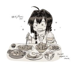 1other ahoge asaya_minoru blush bowl braid chopsticks drooling english_text fate/samurai_remnant fate_(series) fish_(food) food_request hair_intakes hair_over_shoulder holding holding_bowl holding_chopsticks long_hair long_sleeves monochrome mouth_drool open_mouth plate rice rice_bowl simple_background single_braid solo sparkle twitter_username upper_body white_background wide_sleeves yamato_takeru_(fate)
