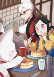2girls :i architecture ayase_seiko black_hair blurry blurry_background blush breasts cat closed_eyes closed_mouth commentary_request dandadan east_asian_architecture eating food fork glasses hair_ornament hairclip highres holding holding_fork holding_newspaper hood hood_down hoodie if_they_mated indoors large_breasts long_hair mature_female medium_hair multiple_girls newspaper oc_x_canon red-framed_eyewear red_eyes semi-rimless_eyewear takakura_nana tank_top toniai turbo_granny_(dandadan) under-rim_eyewear upper_body white_hair white_tank_top yellow_hoodie