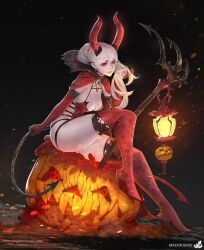 Rule 34 | 1girl, boots, breasts, cape, cleavage, copyright name, demon tail, elbow gloves, gloves, horns, jack-o&#039;-lantern, kingdom death, lantern, lokman lam, medium breasts, ponytail, red cape, red eyes, red horns, red thighhighs, sitting, solo, tail, thigh boots, thighhighs, watermark, web address, white hair