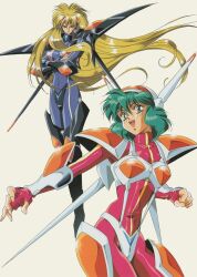 1990s_(style) 2girls absurdres armor blonde_hair bodysuit crossed_arms fingerless_gloves floating_hair gloves green_eyes green_hair helmet highres iczelion iczer_(series) kai_nagisa long_hair medium_hair multiple_girls nami_(iczelion) non-web_source official_art open_mouth retro_artstyle scan shoulder_armor simple_background very_long_hair