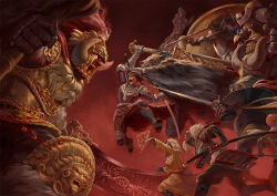 1girl 6+boys animal_head armor bald battle beard black_hair blaidd_the_half-wolf bloody_finger_okina blue_gemstone breastplate brown_hood cape cloak commentary delarave dou dual_wielding elden_ring english_commentary facial_hair fake_horns fighting finger_maiden_therolina from_side full_armor fur-trimmed_armor fur_cloak fur_trim gauntlets gem giant giant_male gloves gold_armor great_horned_tragoth greatsword grey_fur hammer helm helmet highres holding holding_hammer holding_sword holding_weapon hood hood_up horned_helmet horns huge_weapon iron_fist_alexander japanese_armor jumping knight kote kurokote kusazuri lionel_the_lionhearted long_hair multiple_boys open_mouth outdoors over_shoulder patches_(fromsoftware) plate_armor red_gemstone red_hair red_sky red_theme robe runes samurai sharp_teeth sheath shoulder_armor sky sode starscourge_radahn sword sword_over_shoulder tarnished_(elden_ring) teeth twin_blades unsheathing war_hammer weapon weapon_on_back weapon_over_shoulder white_beard white_facial_hair white_hair witch-hunter_jerren