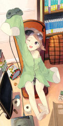 1girl ;d absurdres barefoot bookshelf brown_hair chair controller feet female_focus full_body furukawa_itsuse game_console game_controller gamepad hair_bun highres indoors legs long_sleeves one_eye_closed open_mouth original oversized_clothes purple_eyes sega_saturn shirt_slip short_hair single_hair_bun sitting sleeves_past_wrists smile solo sunglasses television toes wink