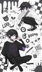 1boy absurdres alternate_costume arm_support arrow_(symbol) bishounen black_hair black_nails boots candy collarbone cross-laced_clothes cross-laced_sleeves crossed_ankles danganronpa_(series) danganronpa_v3:_killing_harmony dice doodles emo_fashion english_text explosive flipped_hair food grenade hair_between_eyes heart highres holding holding_candy holding_food holding_lollipop hood hoodie korean_commentary layered_sleeves lollipop long_sleeves looking_at_viewer male_focus multiple_necklaces oma_kokichi pale_skin pants purple_eyes purple_hair shirt short_hair short_over_long_sleeves short_sleeves sitting skeleton_print skull_and_crossbones sleeves_past_wrists smile sound_effects splatter squatting studded_choker tongue tongue_out ttegi_(ddeck_dg) white_hoodie