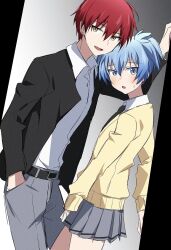 2boys :d :o akabane_karma alternate_costume ansatsu_kyoushitsu arm_up belt black_belt black_cardigan black_necktie blue_eyes blue_hair blush cardigan chin_rest collared_shirt cowboy_shot crossdressing dutch_angle gradient_background grey_background grey_pants grey_skirt hand_in_pocket head_on_head head_rest height_difference highres kabedon kunugigaoka_middle_school_uniform long_sleeves looking_at_viewer male_focus miniskirt multiple_boys necktie open_mouth pants pleated_skirt raised_eyebrows red_hair school_uniform shiota_nagisa shirt short_hair short_twintails skirt skirt_tug sleeves_past_wrists smile sweatdrop trap twintails white_shirt yaoi yellow_cardigan yellow_eyes yur11