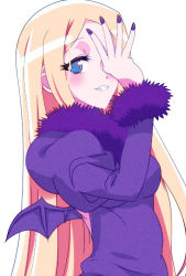 Rule 34 | 1girl, bat wings, blonde hair, blue eyes, blush, breasts, demon girl, demon wings, dress, empty eyes, fur trim, highres, long hair, looking at viewer, medium breasts, nail polish, overlord (maruyama), purple dress, purple nails, renner theiere chardelon ryle vaiself, sharp nails, smile, very long hair, wings, yandere