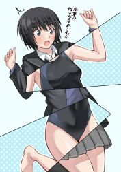 1girl amagami barefoot black_eyes black_hair black_one-piece_swimsuit blue_one-piece_swimsuit blush bob_cut breasts commentary_request competition_swimsuit covered_navel highleg highleg_one-piece_swimsuit highres jishaku_(user_rcuz2843) medium_breasts nanasaki_ai one-piece_swimsuit revealing_layer short_hair solo swimsuit swimsuit_under_clothes translation_request two-tone_one-piece_swimsuit two-tone_swimsuit x-ray x-ray_glasses x-ray_vision