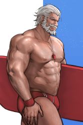 Rule 34 | 1boy, abs, alternate costume, bara, bare pectorals, baywatch, beard, bulge, chest hair, cowboy shot, dopey (dopq), facial hair, from side, hair slicked back, highres, large pectorals, lifeguard, looking at viewer, male focus, male swimwear, muscular, muscular male, mustache, navel, navel hair, nipples, old, old man, overwatch, overwatch 1, pectorals, red male swimwear, red swim briefs, reinhardt (overwatch), short hair, solo, stomach, surfboard, swim briefs, swimsuit, thick thighs, thighs, topless male, veins, whistle, whistle around neck, white hair
