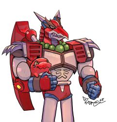 Rule 34 | 1boy, 2025, armor, bead necklace, beads, claws, clenched teeth, cowboy shot, digimon, digimon (creature), dragon boy, gigimon, highres, holding digimon, horns, humanoid robot, jewelry, looking at viewer, magma dragoon (mega man), male focus, mechanical wings, mega man (series), mega man x4, mega man x (series), muscular, muscular male, necklace, non-humanoid robot, pauldrons, red armor, robot, robot dragon, sharp teeth, shoulder armor, solo, taragraphika, teeth, thick eyebrows, wings