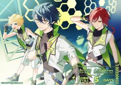3boys adjusting_clothes aoba_tsugumi black_gloves black_shirt black_shoes blonde_hair blue_eyes blue_hair booota capelet ensemble_stars! fingerless_gloves glasses gloves green_capelet hand_on_own_head harukawa_sora high_collar idol jacket jewelry looking_at_viewer multicolored_hair multiple_boys necklace official_art one_eye_closed red_hair sakasaki_natsume salute shirt shoes shorts sleeveless sleeveless_shirt smile streaked_hair turtleneck white_jacket white_shorts yellow_eyes