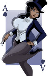 Rule 34 | 1girl, absurdres, ace (playing card), ace of spades, black hair, black hat, black leotard, black shoes, blazer, blue eyes, bow, bowtie, breasts, card, cleavage, closed mouth, commentary request, dark-skinned female, dark skin, dc comics, dcau, grey pantyhose, hand on own hip, hat, high heels, highres, holding, holding wand, jacket, justice league, knee up, large breasts, leotard, lips, long hair, long sleeves, looking to the side, magician, open clothes, pantyhose, playing card, red lips, shadow, shirt, shoes, solo, sonson-sensei, spade (shape), standing, standing on one leg, superhero costume, tan, top hat, wand, western comics (style), white bow, white bowtie, white shirt, zatanna zatara