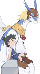 1boy 1girl aviator_cap aviator_goggles black_hair blonde_hair blue_eyes blue_fur body_fur brown_gloves child dragon_girl feathered_wings furry furry_female genderswap genderswap_(mtf) gloves highres hufy jewelry legendz looking_at_another neck_ring piercing shiron_(legendz) short_hair shuzo_matsutani simple_background sitting white_background white_fur white_wings wing_piercing wings