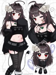 ... 1girl ahoge armpit_crease asymmetrical_legwear bags_under_eyes bandaid bandaid_on_arm bandaid_on_cheek bandaid_on_face bandaid_on_stomach bare_shoulders belt belt_buckle black_belt black_boots black_choker black_nails black_shirt black_skirt black_thighhighs boots breasts brown_hair buckle chibi chibi_inset choker cleavage closed_mouth clothes_writing collarbone commentary crop_top ear_piercing earrings electric_plug electric_plug_tail fishnet_thighhighs fishnets hair_intakes hair_ornament hand_up heart heart_necklace highres jewelry long_hair looking_at_viewer microskirt mismatched_legwear mole mole_on_arm mole_on_breast mole_under_eye moth_hair_ornament multiple_moles multiple_views navel necklace one_eye_closed original piercing red_eyes shirt single_earring single_fishnet_legwear skirt sleeves_past_wrists spiked_choker spikes spoken_ellipsis stomach striped_clothes striped_thighhighs studded_belt tail thighhighs uneven_bangs vickie_(cryingrobot) vickie_(cryingrobot)_(character) white_background you_are_an_idiot_(virus)