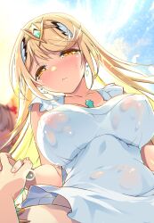 2girls blonde_hair blurry blurry_background blush chest_jewel commentary_request core_crystal_(xenoblade) covered_erect_nipples cowboy_shot dress highres long_hair multiple_girls mythra_(xenoblade) nia_(xenoblade) nipples pov see-through_clothes see-through_dress solo_focus tears tiara upper_body watsuki_ayamo wet wet_clothes wet_dress xenoblade_chronicles_(series) xenoblade_chronicles_2 yellow_eyes